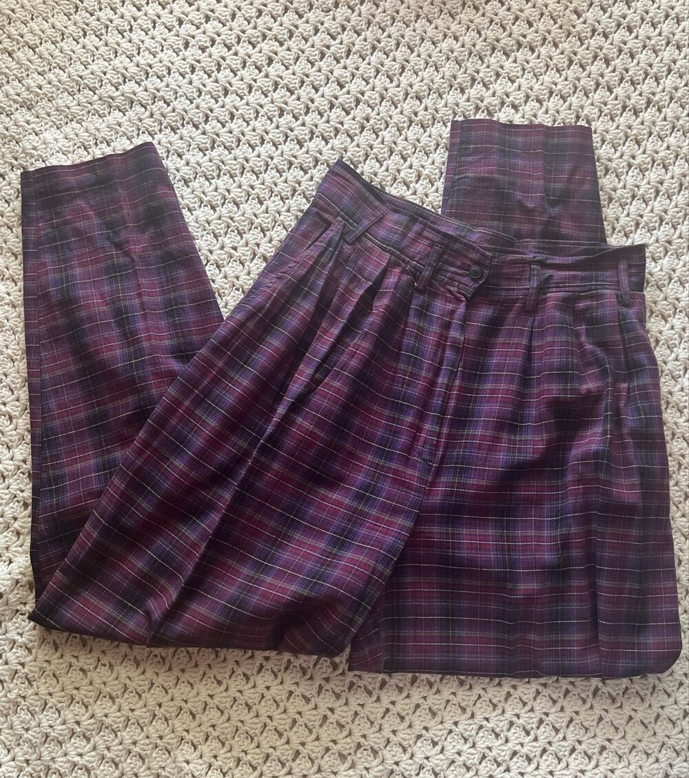 Vintage 90s Purple Plaid Pants Cotton Trousers Relaxed Straight Size Large
